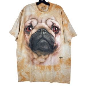 THE MOUNTAIN Shirt Adult 2XL Beige Oversize PUG DOG Print Tie Dye Casual Outdoor